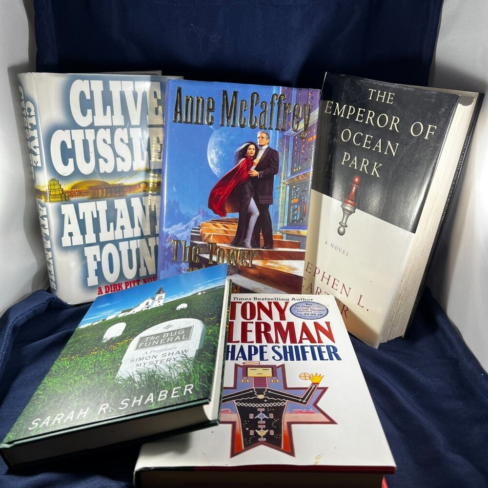 Set Of 5 Hardcover Novels By Clive Cussler Anne McCaffrey Sarah R. Shaber Tony H